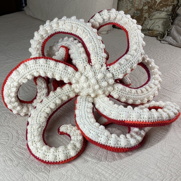 Hand Crafted Crochet Red Octopus Plush Stuffed Animal Toy Realistic New 20” - Picture 5 of 13